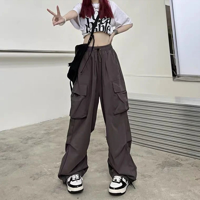 Casual Joggers Tech, Low Waist Drawstring, Wide Leg Baggy Trousers