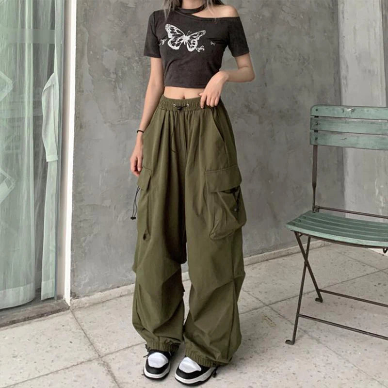 Casual Joggers Tech, Low Waist Drawstring, Wide Leg Baggy Trousers
