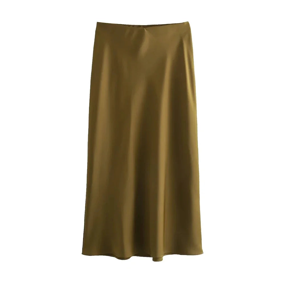 Flowing Satin Midi Skirt, High Waist With Elastic Waistband