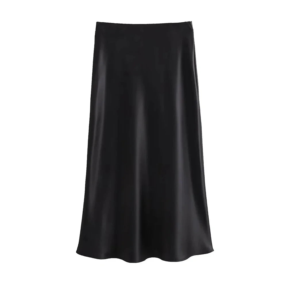 Flowing Satin Midi Skirt, High Waist With Elastic Waistband