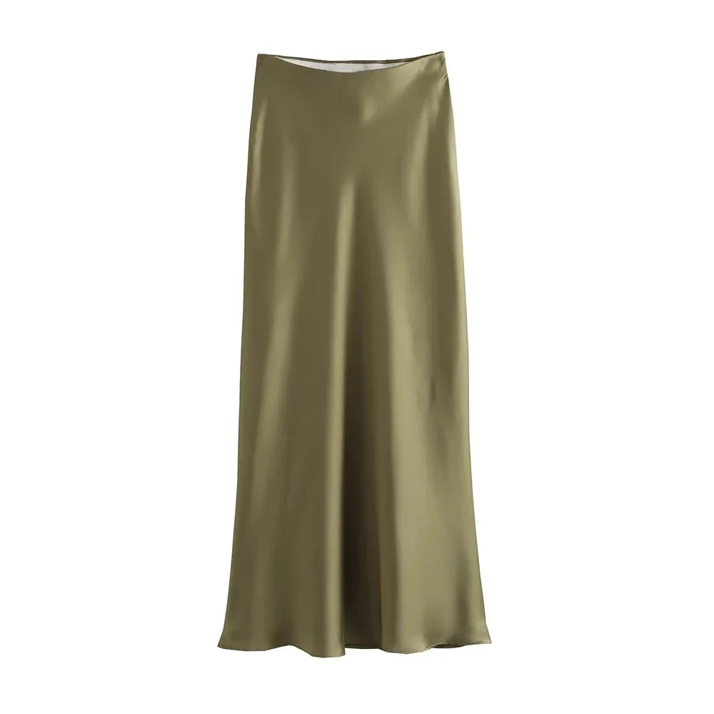Flowing Satin Midi Skirt, High Waist With Elastic Waistband