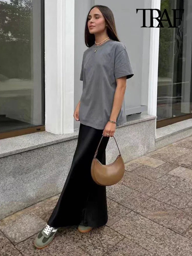 Flowing Satin Midi Skirt, High Waist With Elastic Waistband