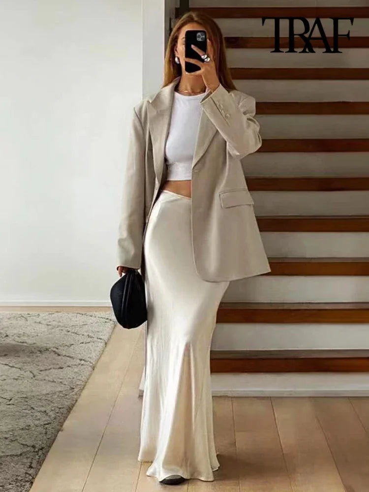 Flowing Satin Midi Skirt, High Waist With Elastic Waistband