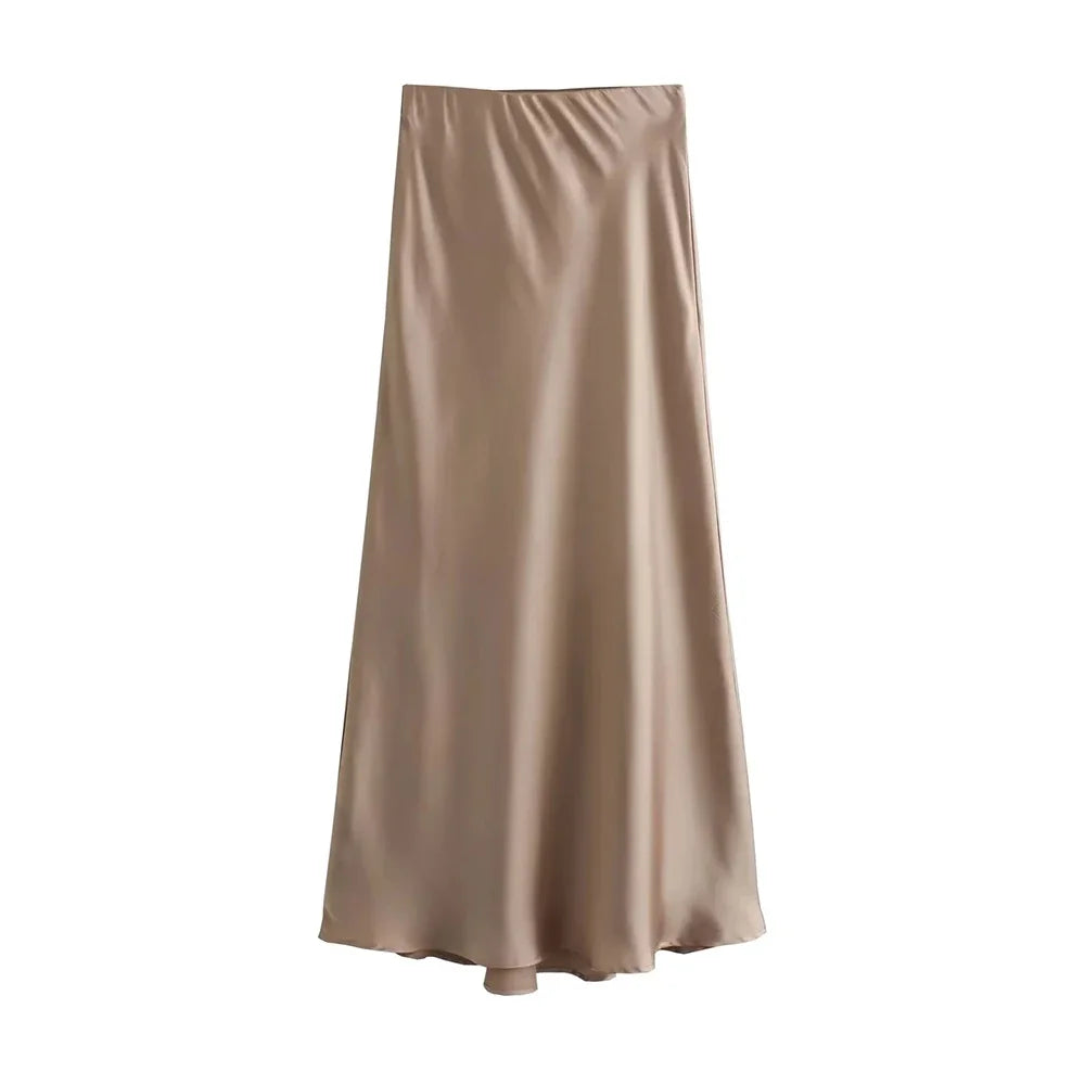 Flowing Satin Midi Skirt, High Waist With Elastic Waistband