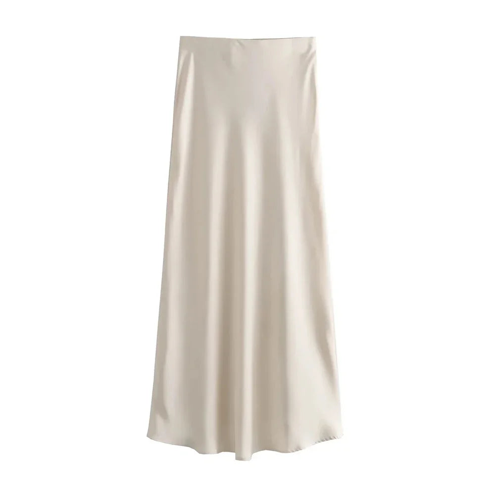 Flowing Satin Midi Skirt, High Waist With Elastic Waistband