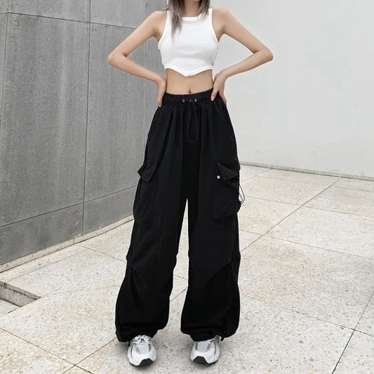 Casual Joggers Tech, Low Waist Drawstring, Wide Leg Baggy Trousers