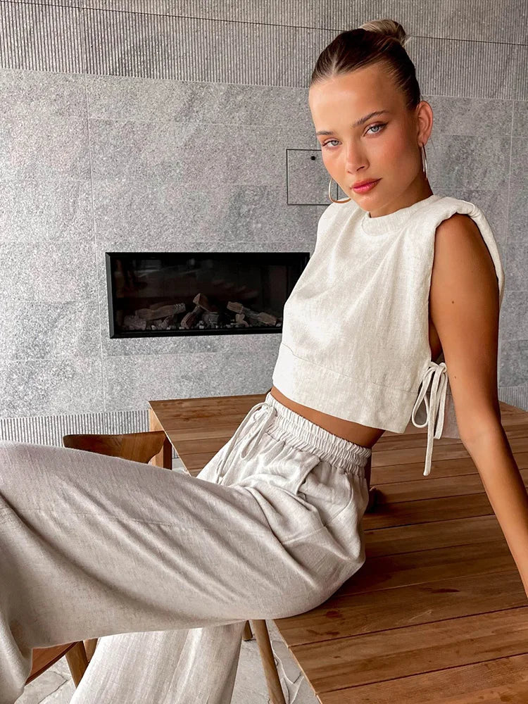 Linen Pants, Crop Top Two Piece Matching Set