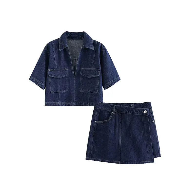 Collar Slim Fit Denim Top + Asymmetric Denim Skirt 2 Piece Set