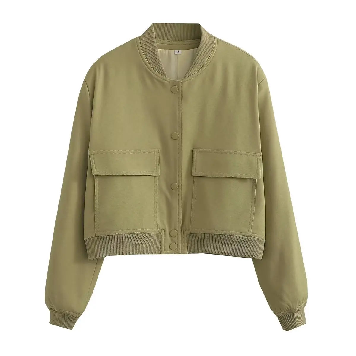 Bomber Jacket With Pockets, V-Neck Long Sleeves