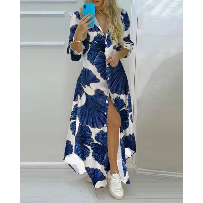 Printed Long Shirts Dress, Turn-Down Collar Long Sleeve