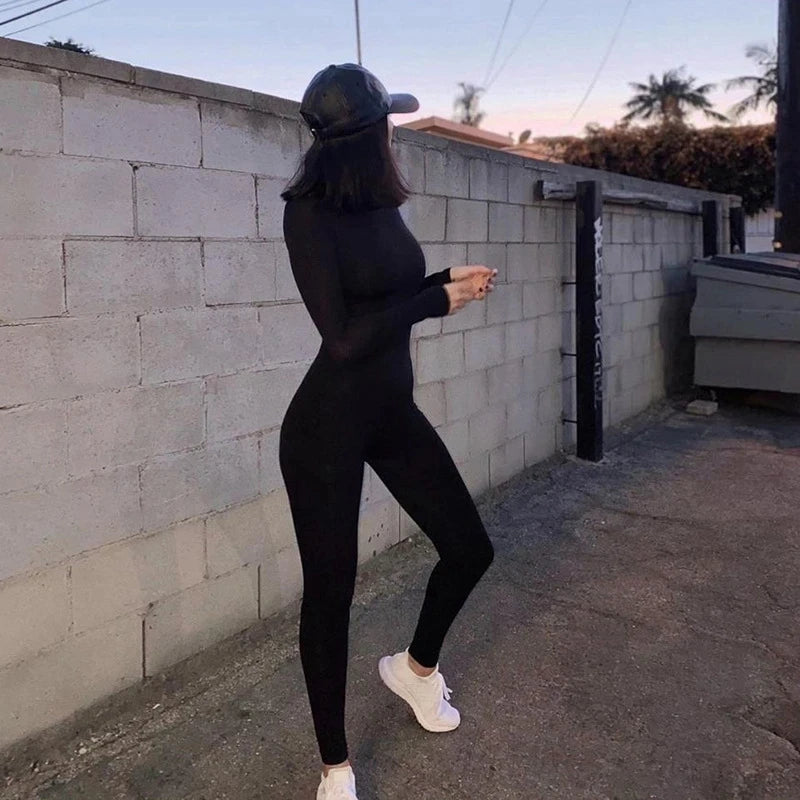 Black/Gray Long Sleeve Jumpsuit, Elastic Outfit Sportwear