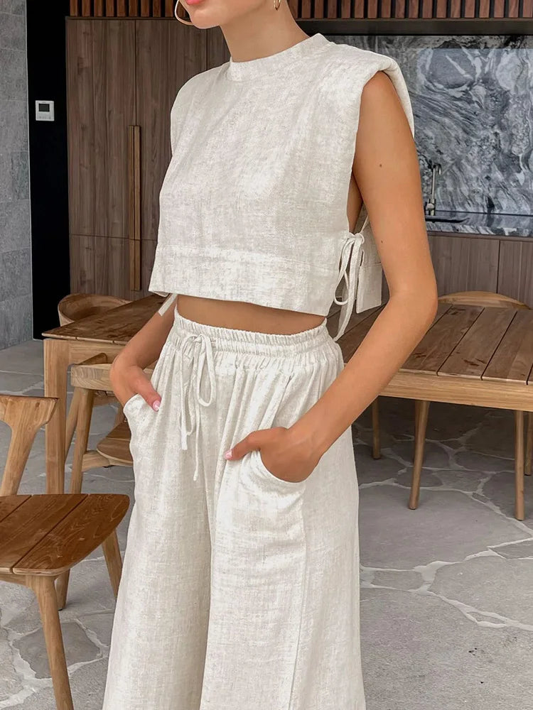 Linen Pants, Crop Top Two Piece Matching Set