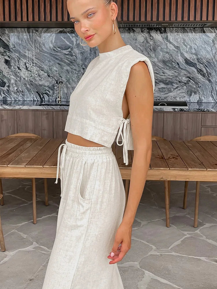 Linen Pants, Crop Top Two Piece Matching Set