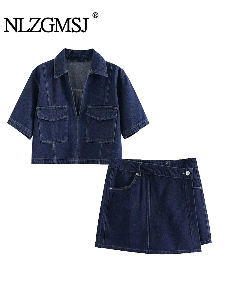 Collar Slim Fit Denim Top + Asymmetric Denim Skirt 2 Piece Set