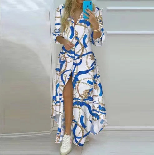 Printed Long Shirts Dress, Turn-Down Collar Long Sleeve