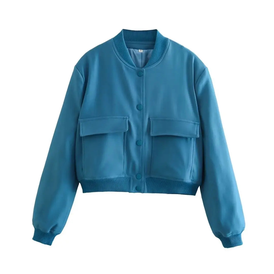 Bomber Jacket With Pockets, V-Neck Long Sleeves