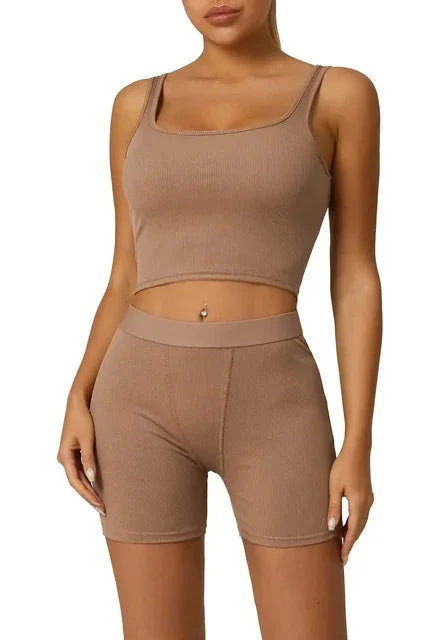 Workout Two Piece Outfit, Fitted Crew Neck T-shirt, High Waist Pants Matching Sets