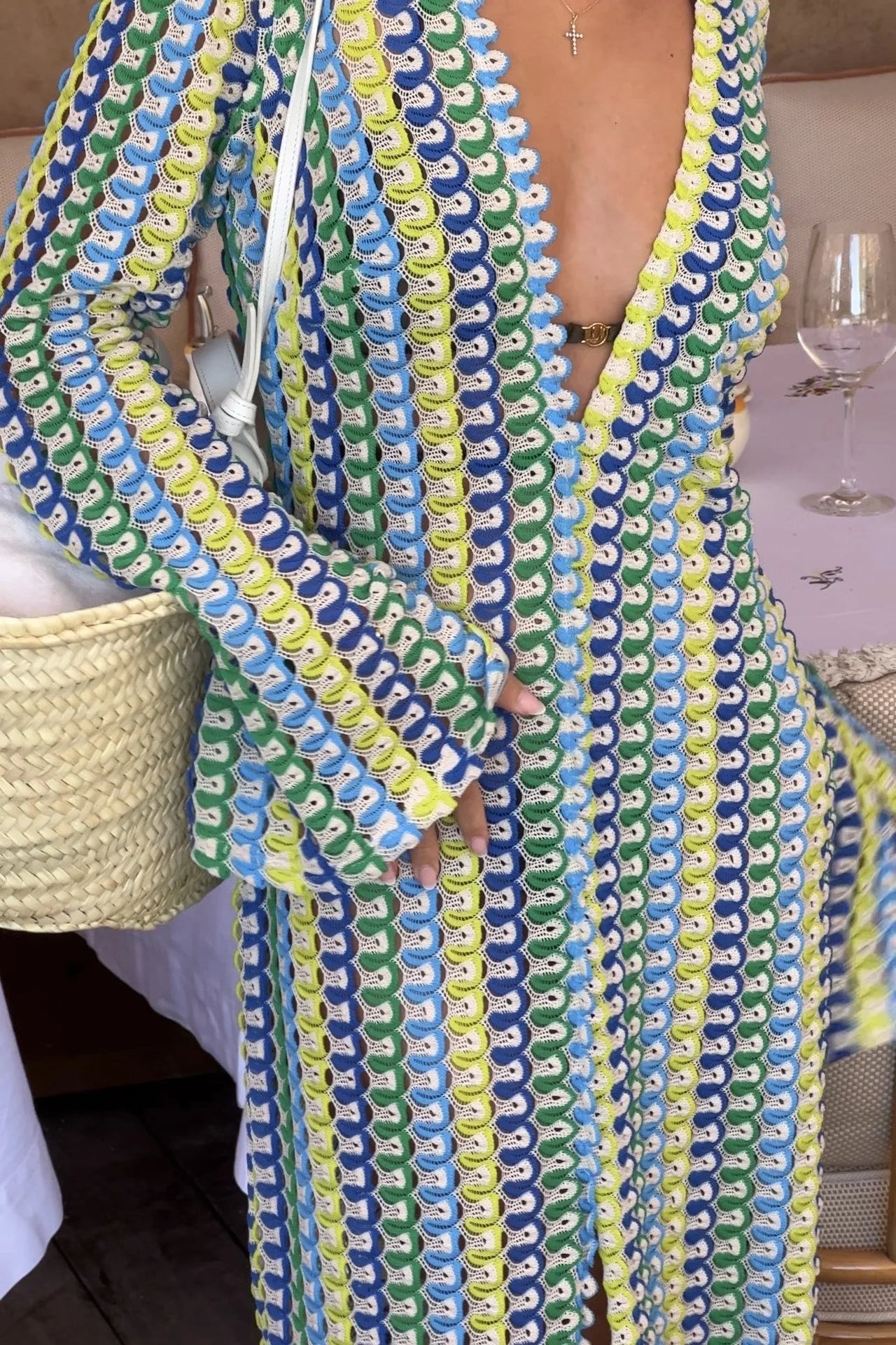 Crochet Colorful Striped Flare Sleeve V-neck Maxi Dress