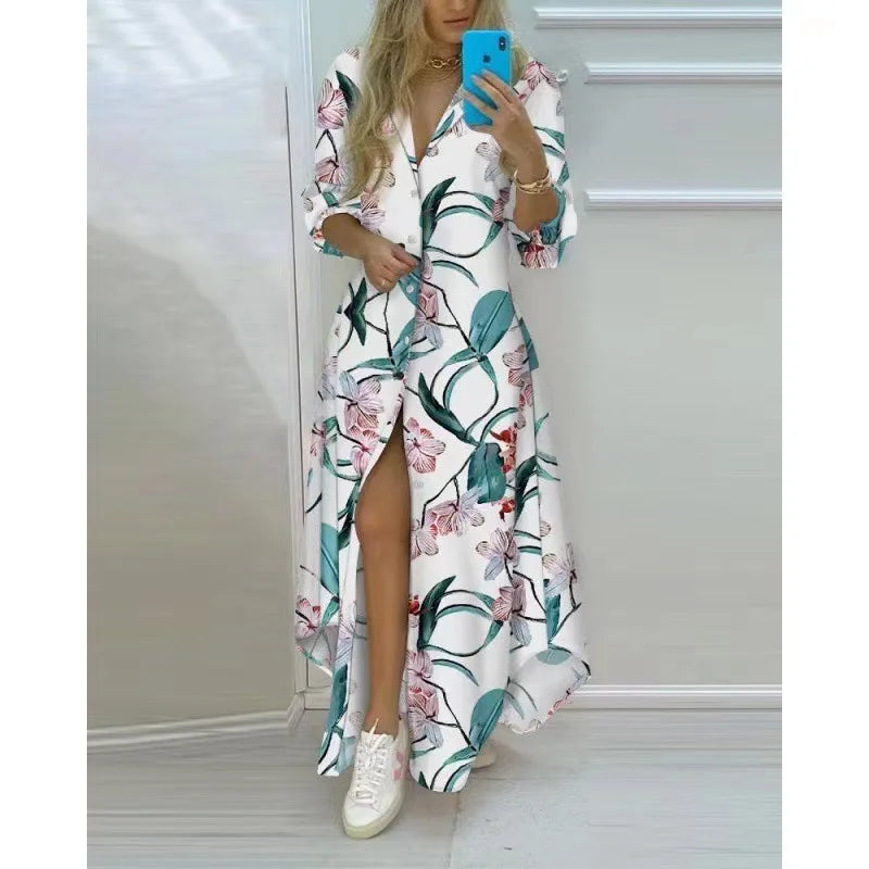 Printed Long Shirts Dress, Turn-Down Collar Long Sleeve