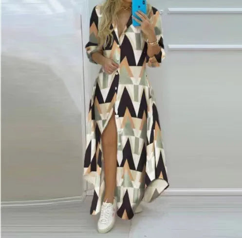 Printed Long Shirts Dress, Turn-Down Collar Long Sleeve