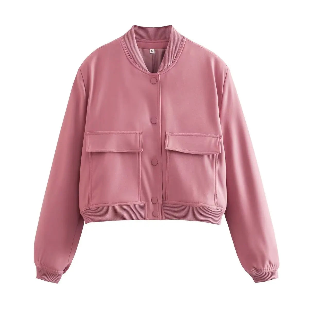 Bomber Jacket With Pockets, V-Neck Long Sleeves