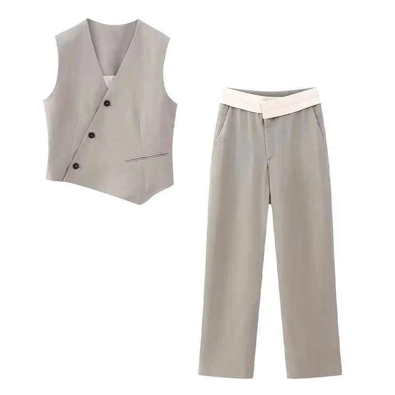 V-Neck Vest Front Zipper, Wide Leg Pants Two Piece Set