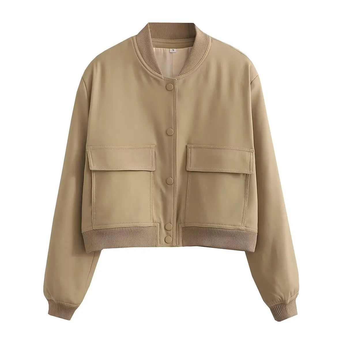 Bomber Jacket With Pockets, V-Neck Long Sleeves