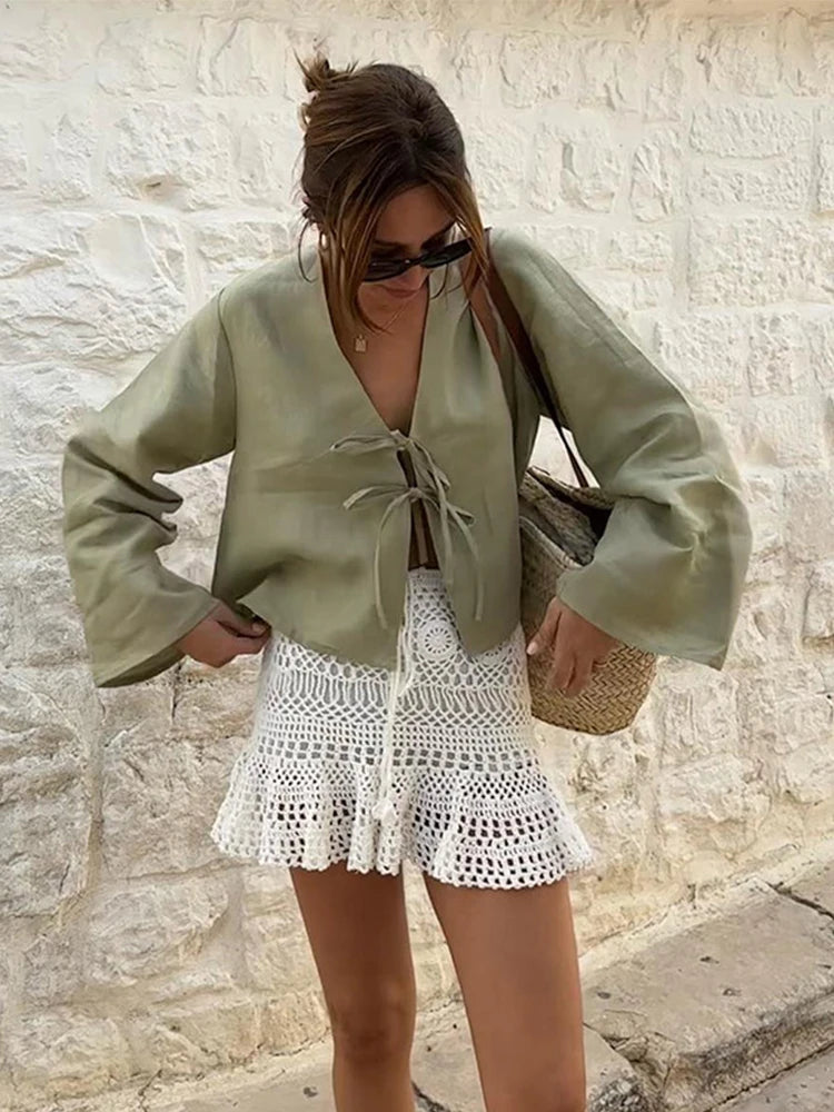 Lace Up Bow V Neck Long Sleeve Top