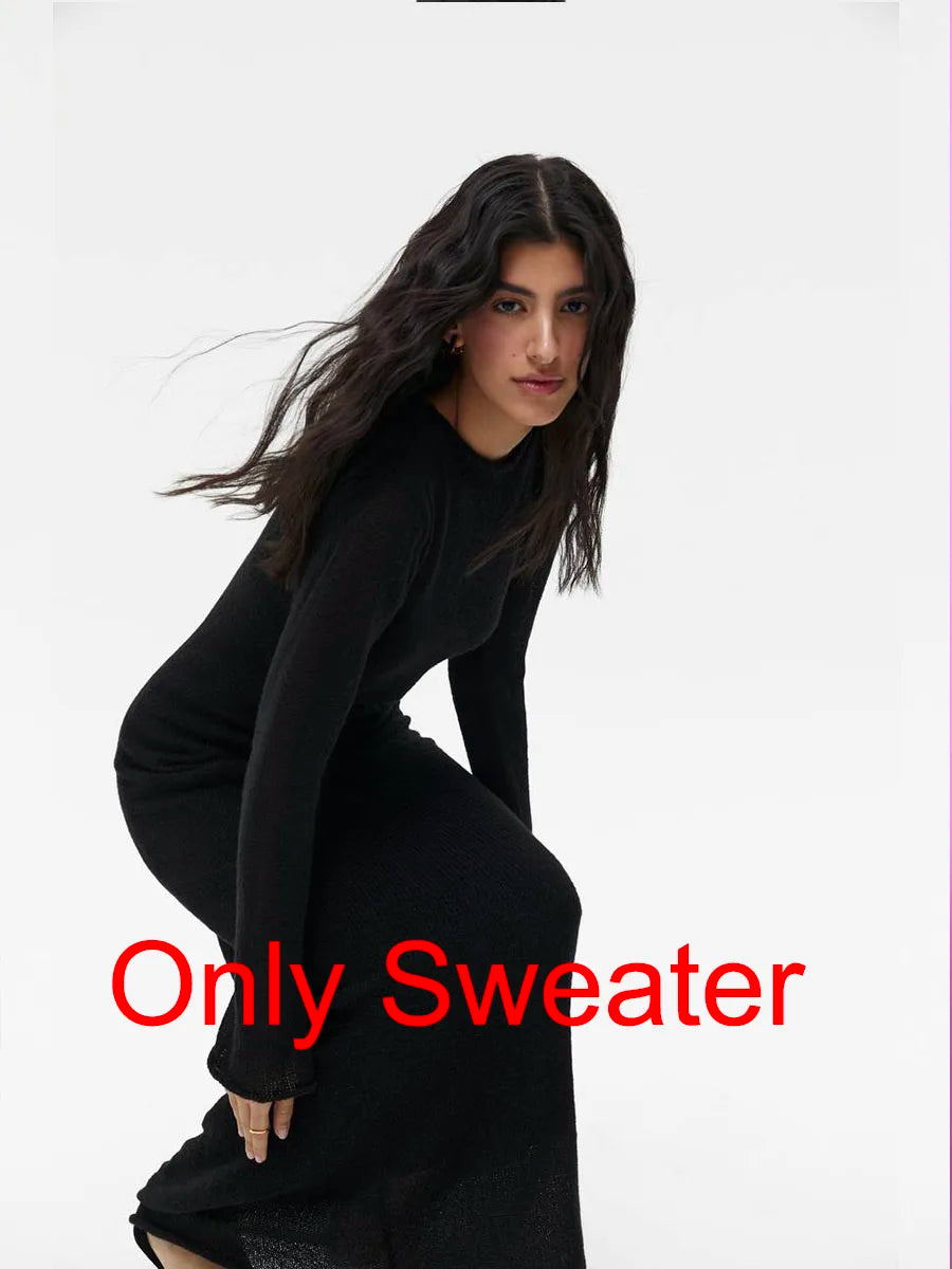 O-Neck Elastic Knitted Long See-Through Sweater &  Dress 2 pcs