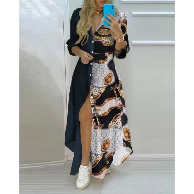 Printed Long Shirts Dress, Turn-Down Collar Long Sleeve