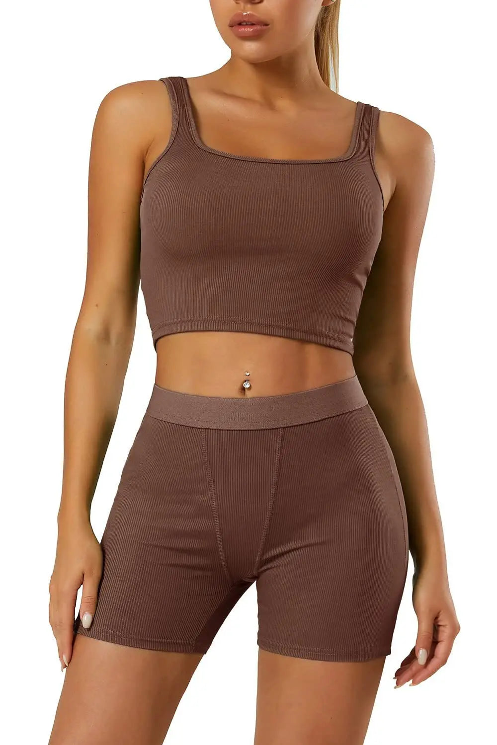 Workout Two Piece Outfit, Fitted Crew Neck T-shirt, High Waist Pants Matching Sets