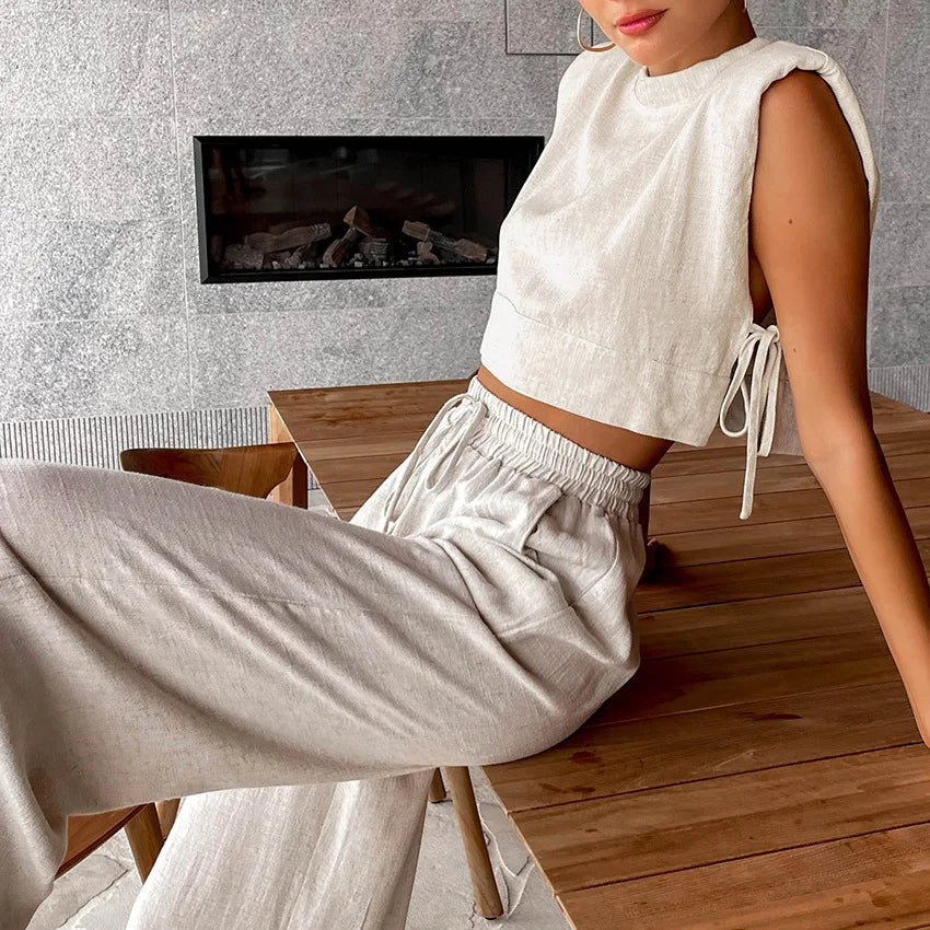 Linen Pants, Crop Top Two Piece Matching Set