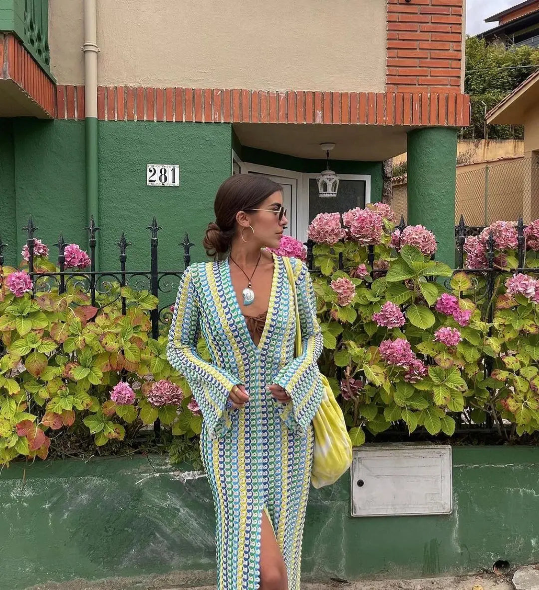 Crochet Colorful Striped Flare Sleeve V-neck Maxi Dress