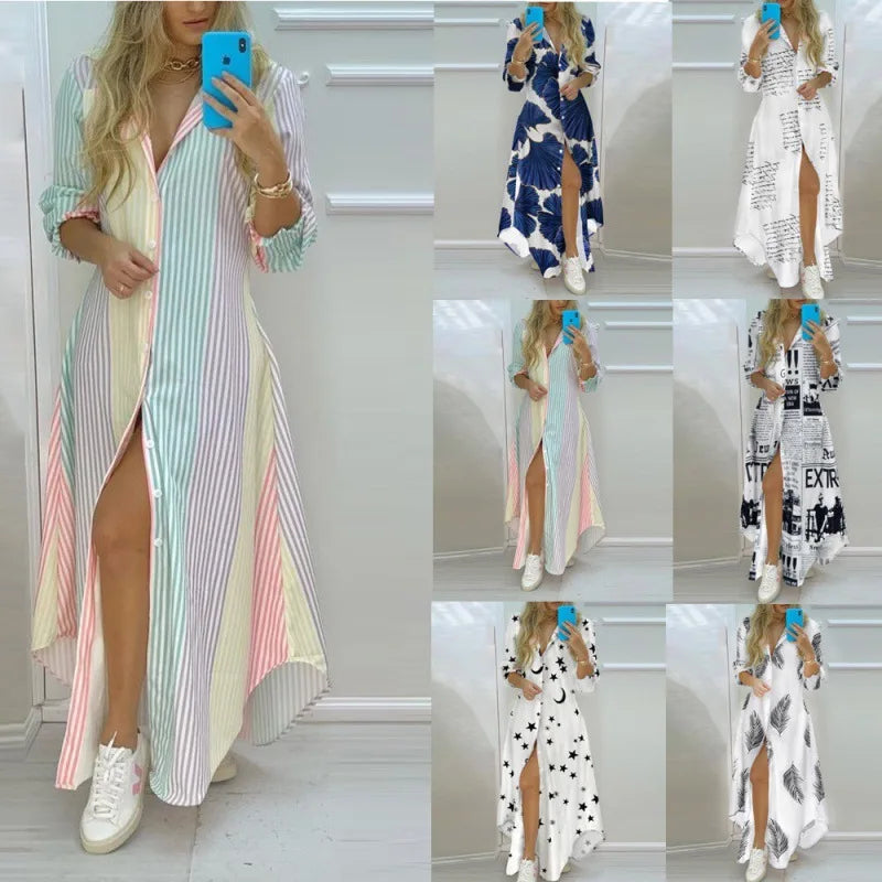 Printed Long Shirts Dress, Turn-Down Collar Long Sleeve