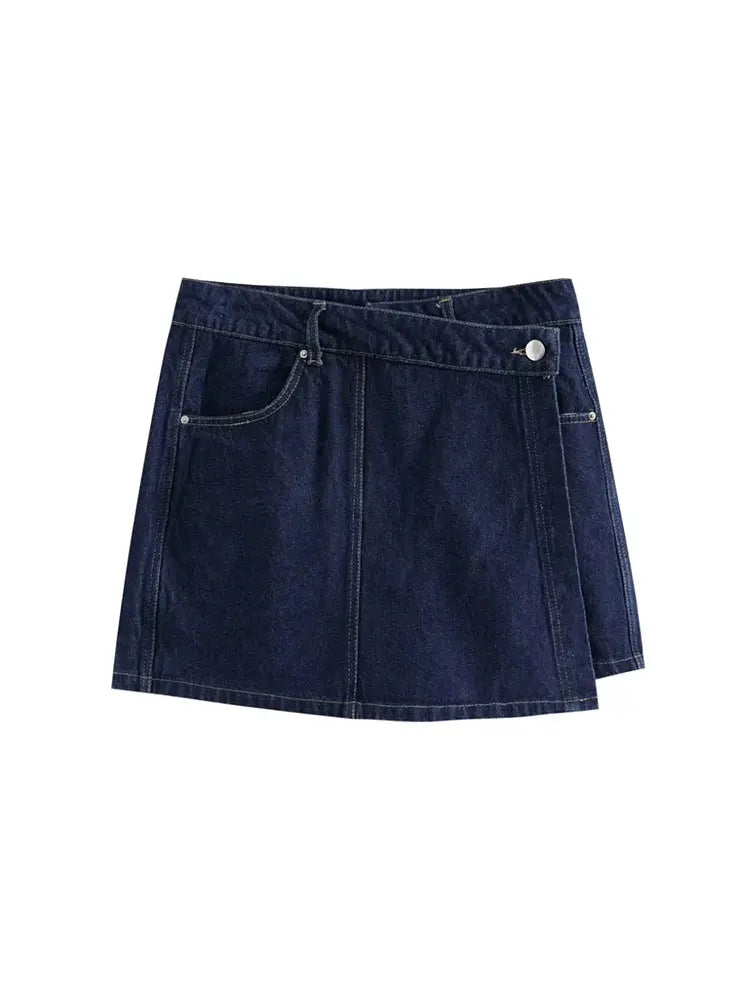 Collar Slim Fit Denim Top + Asymmetric Denim Skirt 2 Piece Set