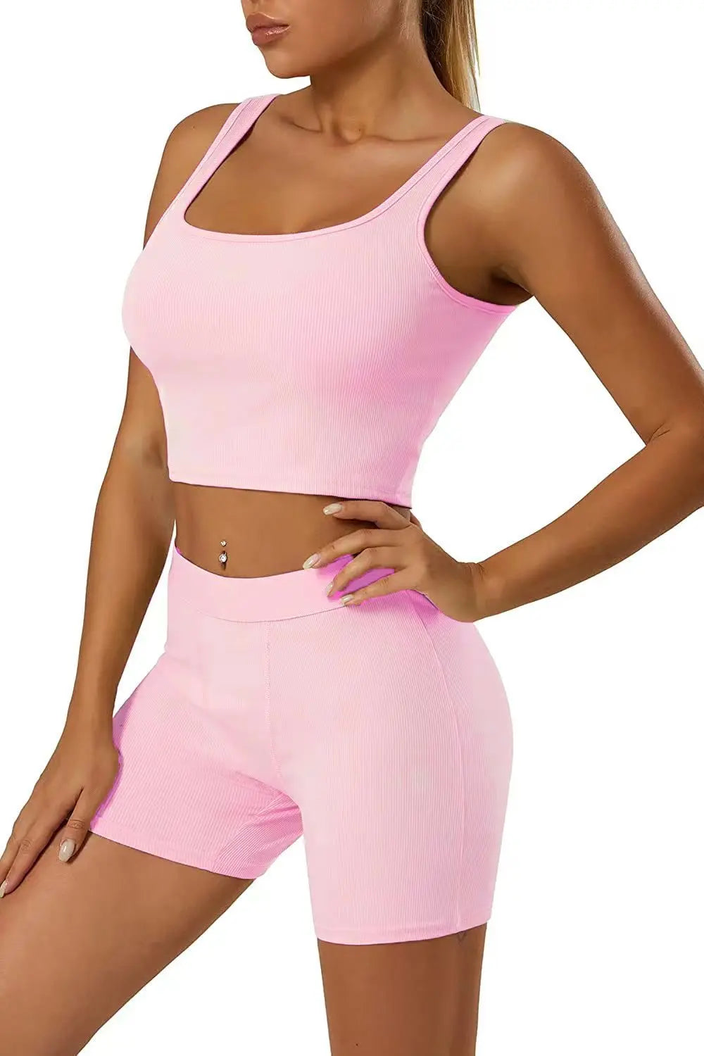 Workout Two Piece Outfit, Fitted Crew Neck T-shirt, High Waist Pants Matching Sets