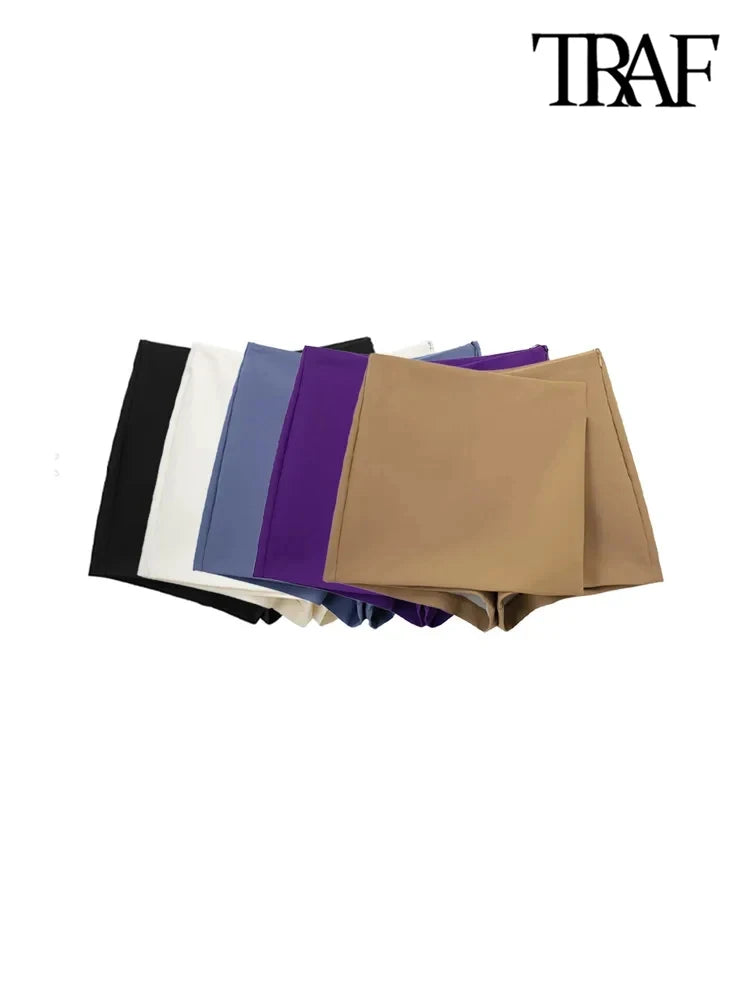 Asymmetric Shorts Skirts, Vintage High Waist, Side Zipper